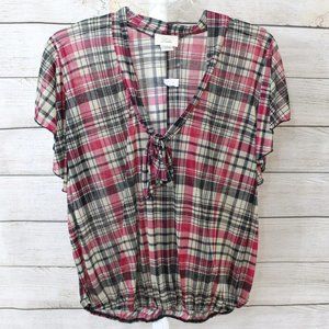LASHES NWT Semi-Sheer Red Plaid, Cap Sleeve, Cinch Waist Top